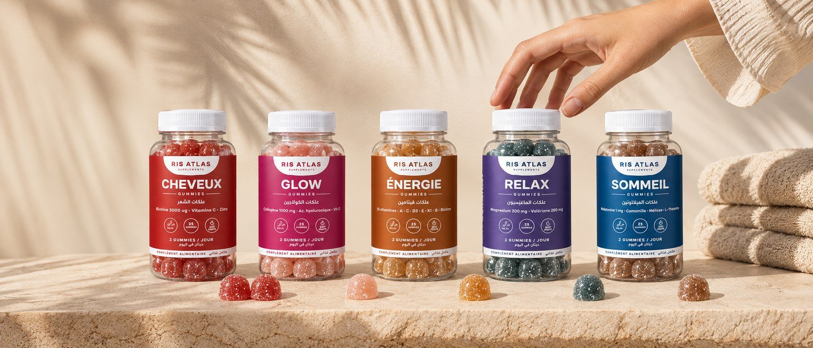 Les 5 gummies Ris Atlas : Cheveux, Glow, Énergie, Relax, Sommeil